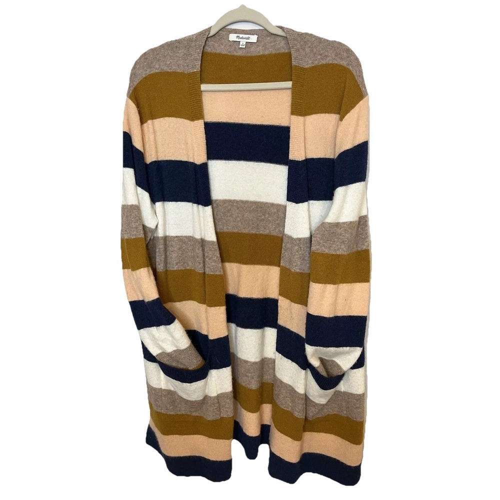 Madewell Striped Long Cardigan Wool Alpaca Blend Sweater L Women's Preppy - Picture 1 of 4